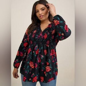 Torrid Black Floral Twill Smocked Button-Front Tunic Top Plus Size 2x